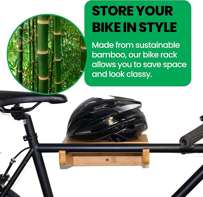 COR Bamboo Bike Wall Mount Rack w/Shelf, Indoor Bicycle Storage | Silicone-Padded Hooks, Holds 40lbs, Fits Oval Frames, Doubles as Shelf, Sustainable Bamboo, Stud-Mount Hardware Included