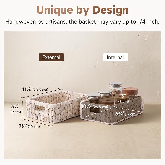 StorageWorks Wicker Baskets for Storage, Water Hyacinth Storage Baskets for Organizing, Wicker Storage Baskets for Shelves, White, 11¼" x 7½" x 3½", 2-Pack