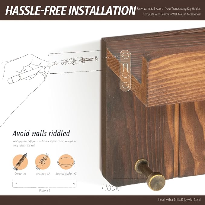 Rebee Vision Key Holder Wall Mount with 4 Hooks for Home Decor, Retro Brown | Pine Wood, Key Holder for Wall, Mail Sorter, Floating Shelf, Plant Display, Letter Holder, Home Storage Essentials