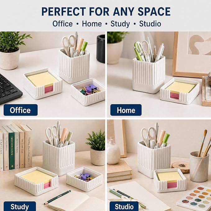 Desk Organizer Set of 3 for Office Accessories - Includes Pen Holder, Paperclip Storage, and Sticky Note Holder - Aesthetic Concrete Desktop Accessories for Women or Men, Office Decor (White)