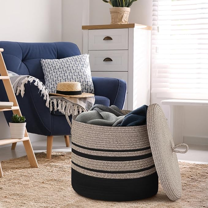Extra Large Woven Basket with Lid, 18" X 14" Wicker Blanket Storage Basket Living Room, Tall Rope Storage Baskets for Toys, Decorative Kids Toy Bin Box with Cover, Baby Laundry Basket Hamper