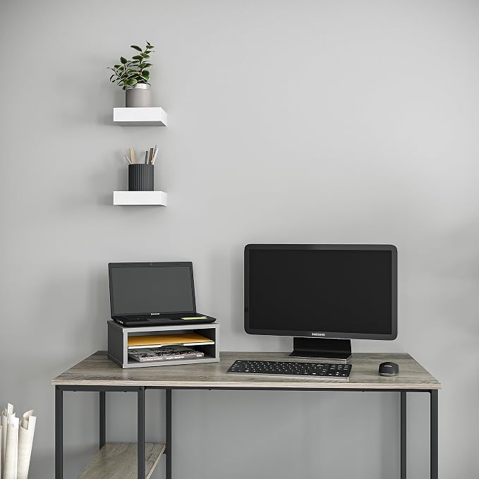 Ballucci File Organizer, 2-Tier Document Paper Sorter, Stackable Wood Desk Organizer Mail Holder, Monitor Stand with Storage Shelves, Gray