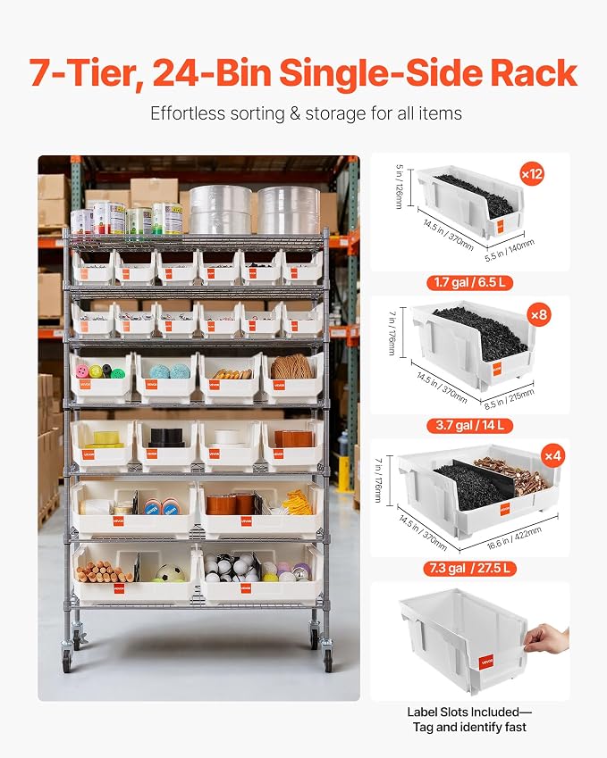 VEVOR 7-Tier Rolling Bin Storage Rack, 24 Organizer Bins, Bin Rack Storage Steel Wire Shelving System with Wheels, Mobile Tool Organizer for Garage, Warehouse, Office, Restaurant, Classroom, Kitchen