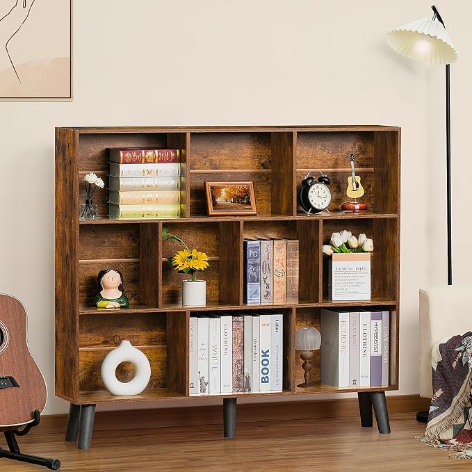 LEYAOYAO 10 Cube Bookshelf, Mid-Century Modern Book Shelf with Legs, Brown | 3 Tier Bookcase, Rustic Wood Bookshelves Freestanding Large Storage Organizer, Open Shelves for Bedroom, Living Room, Office