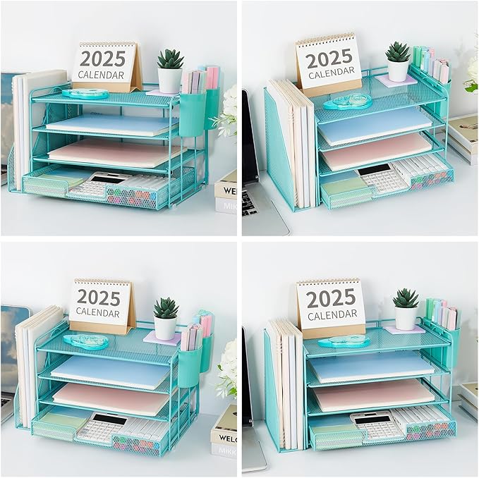 OPNICE Desk Organizer, 4-Tier Desktop File Organizer with Drawer and Pen Holders, Office Desk Accessories, File Sorters, Workspace Organizers for Office Supplies(Teal Blue)