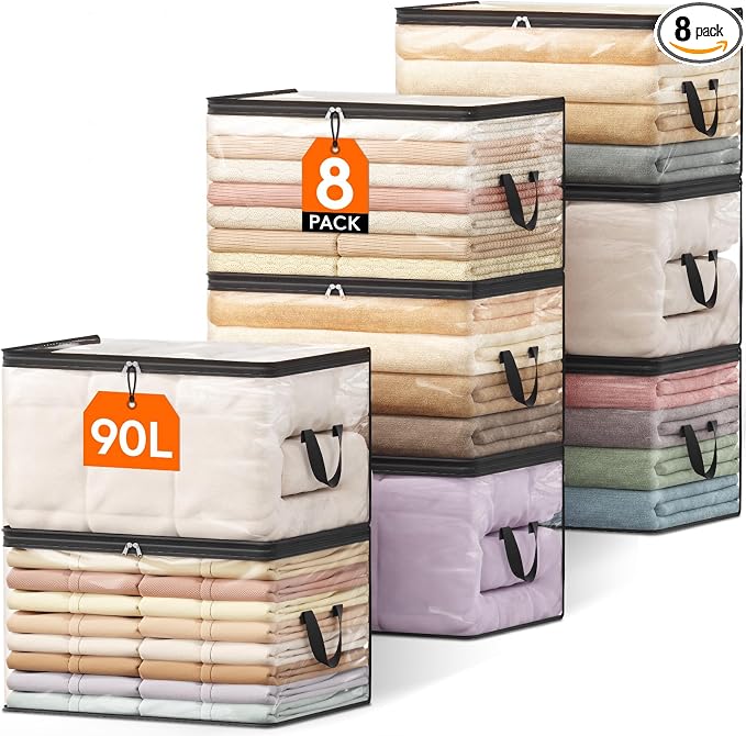Lifewit 8 Pack Clear Clothes Storage Bags, 90L Plastic Blanket Vinyl Foldable Moving Bags with Zipper, Closet Organizers and Storage Containers for Bedding, Duvet, Pillow