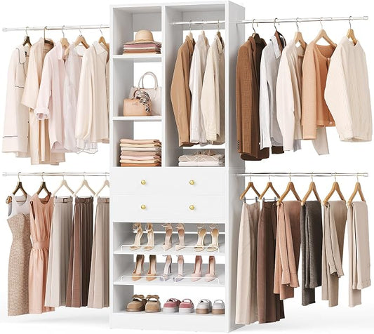 Besiost Closet System, 4.2–8.8 FT Closet Organizer with 2 Wooden Drawers and Shelves, Walk-in Closet System with 5 Hang Rods, Built-in Reach in Closet Tower, Can Fit 60 to 96 inch, White