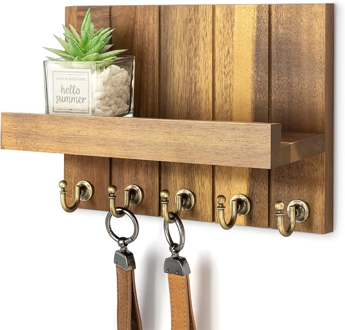 Rebee Vision Acacia Wood Key Holder Wall Mount with Shelf Home Decor, Brown | 3.54'' x 10'' x 7.28'', Floating Shelf, Plant Display, Key and Mail Holder for Wall, Rustic Accent for Apartment Storage