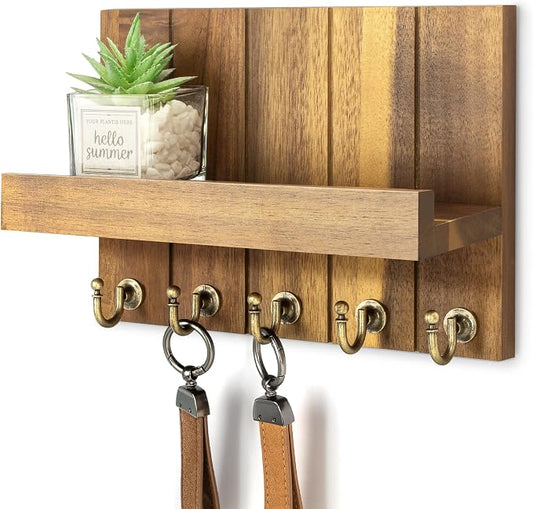 Rebee Vision Acacia Wood Key Holder Wall Mount with Shelf Home Decor, Brown | 3.54'' x 10'' x 7.28'', Floating Shelf, Plant Display, Key and Mail Holder for Wall, Rustic Accent for Apartment Storage