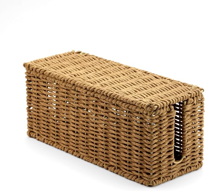 Handwoven Natural Raffia Cable Management Box with Lid – Decorative Cord Organizer for Power Strips, Surge Protectors & Charging Cables – Woven Storage Basket for Home & Office (Natural Raffia)