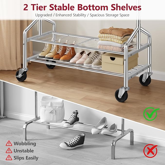 Clothes Rack with 2 Shelves, Heavy Duty Load 350 LBS, Chrome | Rolling Clothing Rack, Adjustable Length and Height, Garment Rack with Wheels for Bedroom, Student Dormitory and Laundry Room