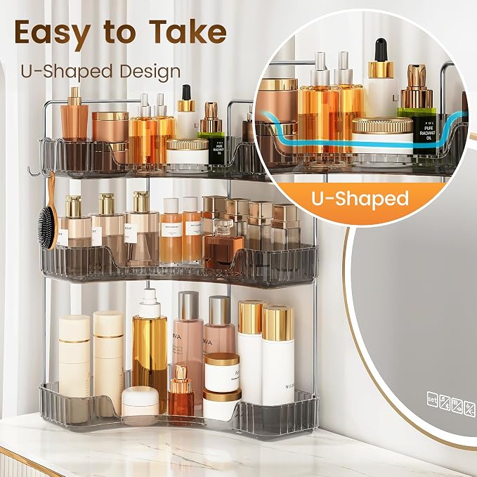Bathroom Counter Organizer 3-Tier Corner Organizer with Hooks | Gray PET Counter Storage, Multi-Purpose for Bathroom Skincare & Kitchen Organization