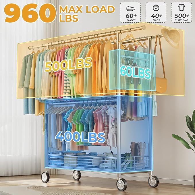 Heavy Duty Clothes Rack Load 960LBS, Three Rods Rolling Clothing Racks for Hanging Clothes, Rolling Garment Rack With Sturdy Wheels Shelves Hooks, Portable & Adjustable Commercial Garment Rack, Silver