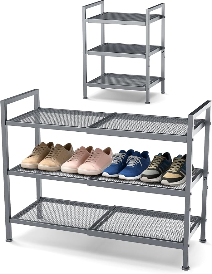 Shoe Rack, Expandable Shoe Rack for Closet, Adjustable Shoe Organizer for Entryway, Shoe Storage Organizer for Door Entrance, Garage, Bedroom (Grey, 3-Tier)