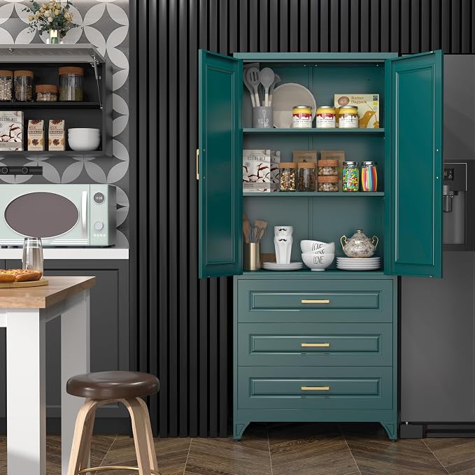 SteeLoong 75" Metal Storage Cabinet with Doors and 2 Adjustable Shelves | Kitchen Pantry Cabinet with 3 Drawers,Green Kitchen Cabinet with 2 Gold Handles,Food Cupboard for Livingroom,Pantry, Bathroom