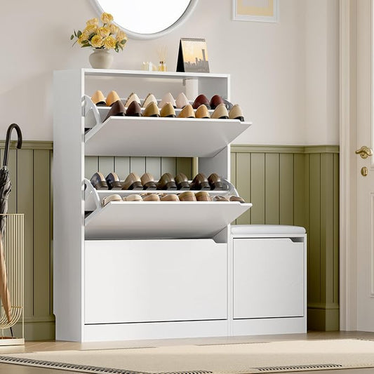 BORNOON Shoe Cabinet with Bench and 3 Flip Drawers, Slim Narrow Shoe Storage Cabinet, Freestanding Shoe Rack Organizer with Adjustable & Removable Shelves, Anti-Tip for Entryway, Hallway, Foyer