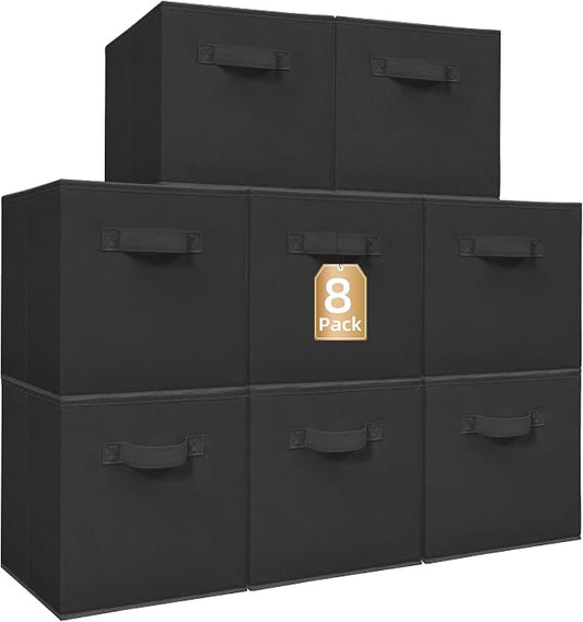 STORAGE MANIAC Storage Cubes, 11 Inch Collapsible Storage Bins with Handles, 8 Pack Fabric Foldable Bins for Organization, Durable Storage Bins for Closet, Shelves, Offices, 8-Pack Black