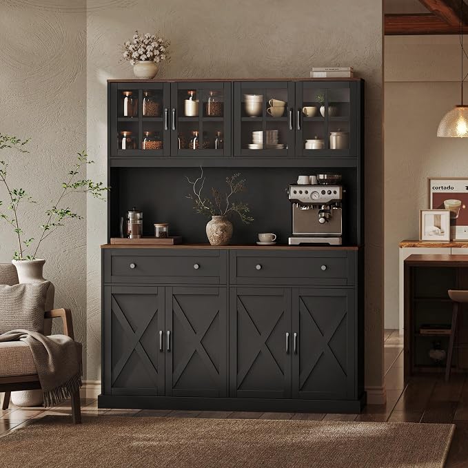 71''H x 55.1''W Pantry Cabinet with Charging Station, 4 Wide Cabinets Kitchen Pantry with 2 Drawers, Farmhouse Hutch Storage Cabinet, Tall Coffee Bar, Acrylic Door, Adjustable Shelves, Black