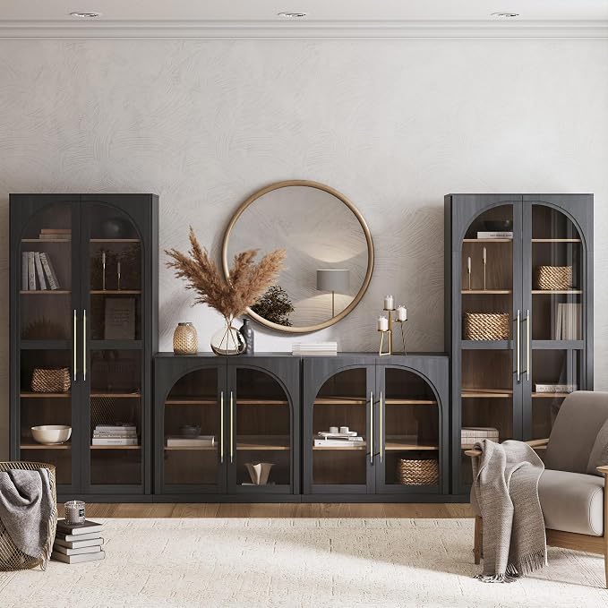 BELLEZE 4-Piece Modular TV Stand Set - 2 Arched Glass Door Sideboard Buffet and 2 Tall Storage Cabinets, Classic Modern Modular Entertainment Center with Adjustable Shelves for Living Room(Ebony)