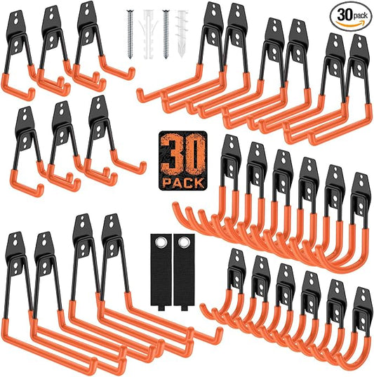 Garage Hooks, Anti-Slip Heavy Duty Wall Mount Hooks, 30-Pack | Hanging Storage for Bikes, Ladders, Hoses, Ropes, Garden Tools - For Warehouse, Workshop, Shed, Shop, Yard