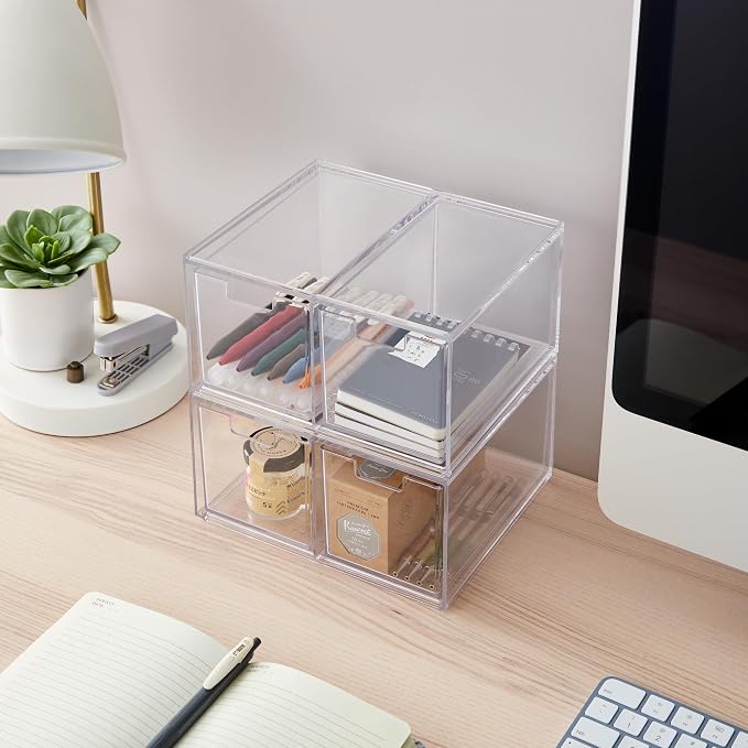 STORi Stackable Desk Organizer drawers, Clear Pen Pencil Makeup Brush drawers for Desktops and Vanities, 4 Tall Drawers (Made in USA)