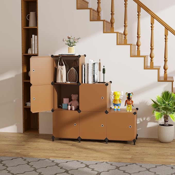 6Cube Storage Organizer Modular Stackable with Doors Brown | Sturdy plastic 6-cube cabinet with doors, 30x30x30cm per cube, tool-free snap assembly, ideal for bedroom, stairs, closet.