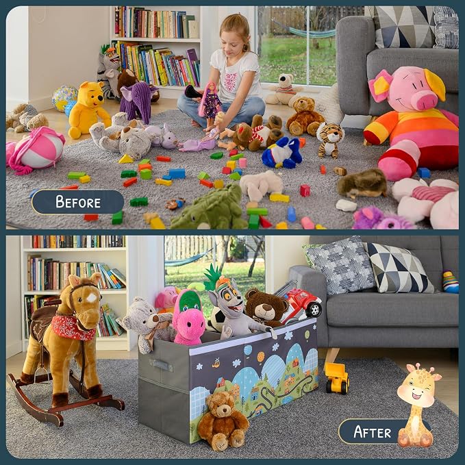SoftOwl Extra Large Toy Storage Organizer with Lid - Sturdy, Collapsible Toy Chest Storage Box with Cute Design - Toys Bin with Dividers for Kids, Boys, Girls, Nursery, Bedroom, Play room 37"x16"x14"