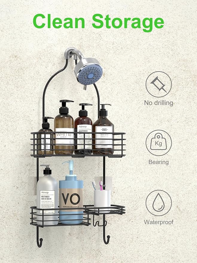 SMARTAKE Hanging Shower Head Caddy, Shower Shelf Organizer, Black | SUS201 Rustproof Stainless Steel Over The Storage Rack, for Toilet, Bathroom