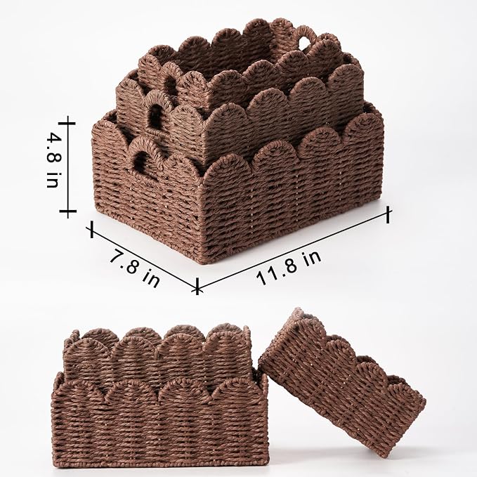 Scalloped Wicker Basket Set of 3, Hand-Woven Storage with Handles | set of 3 brown scalloped baskets with handles. Hand-woven paper rope for shelves, bathroom or closet. Stackable, sturdy.