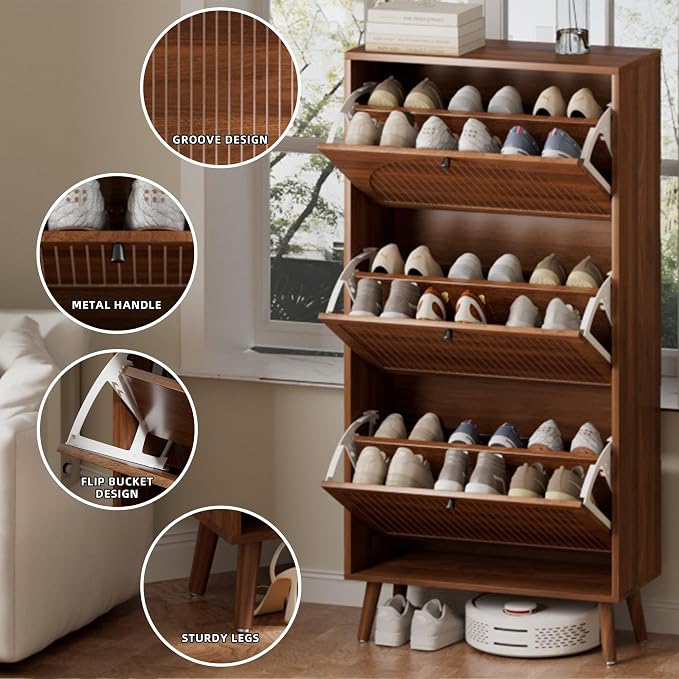 Fsbecl Shoe Storage Cabinet for Entryway with 3 Fluted Flip Drawers, Walnut | 23.6'' Narrow Freestanding Shoe Rack with Adjustment Shelves, Wooden Hidden Organizer for Hallway Foyer, 12-18 Pairs