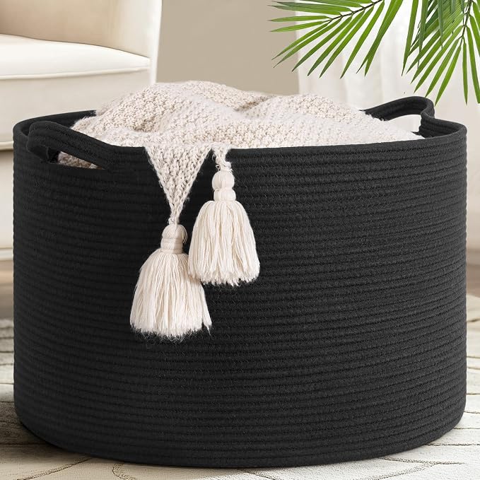 Goodpick 65L Large Woven Rope Basket for Blankets Living Room, 65L | 19.7 x 19.7 x 12.6 In Woven Basket for Storage, Kids Toy Storage for Playroom, Laundry Basket for Towels,Black