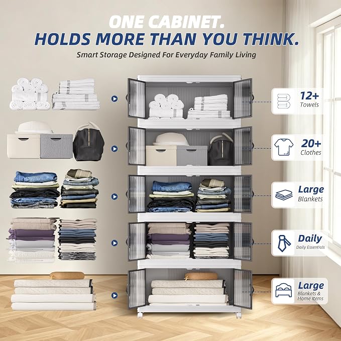 SAILUN 580Qt Stackable Storage Bins,Storage Cabinet Drawer with a Lid,White | Stackable storage drawers with lids, 26" W x 17" D x 71" H, featuring open-front access for clothes and closet storage.