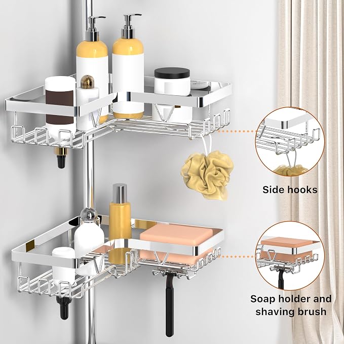 KEGII Corner Shower Caddy Tension Pole, Bathroom Storage Shelf, Chrome | Stainless Steel Design with Soap Holders and Hooks, Adjustable Height for Renters, Apartments and Family Bathrooms