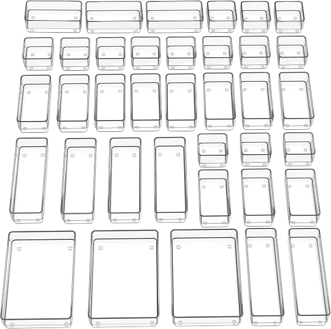 SMARTAKE 37 PCS Drawer Organizer 4 Size Desk Makeup Drawer Organizer Clear | Storage Trays with Non Slip Silicone Pads for Makeup , Jewelries, Utensils in Bedroom Dresser, Office, Kitchen and Bathroom