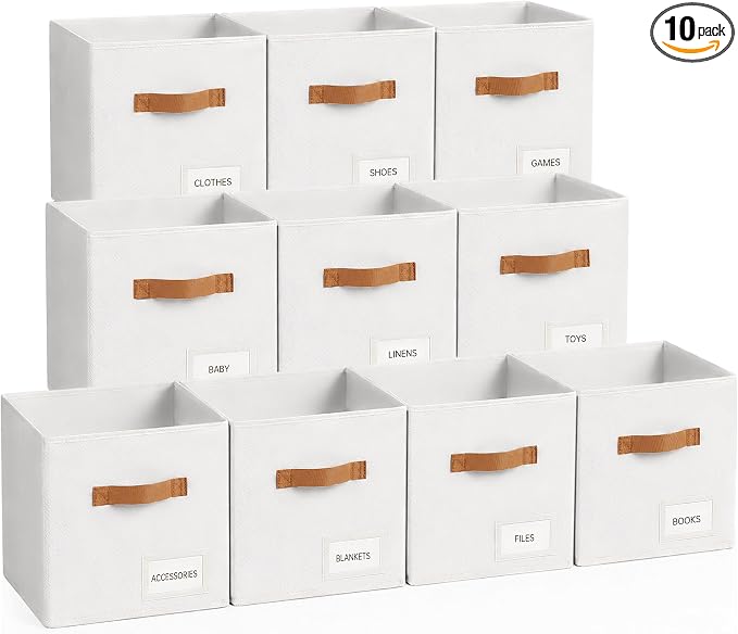 Storage Cubes 10 Pack, 11 Inch Fabric Storage Cubes Organizer Bins with Labels, Odor-Free & Sturdy PP Structure, Cubby Baskets for Closet, Shelves, Toys & Nursery (White)