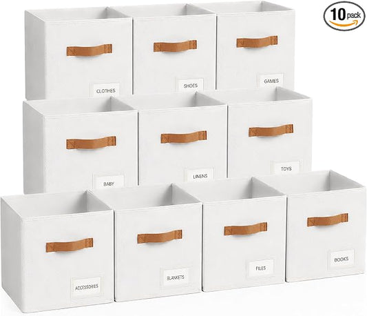 Storage Cubes 10 Pack, 11 Inch Fabric Storage Cubes Organizer Bins with Labels, Odor-Free & Sturdy PP Structure, Cubby Baskets for Closet, Shelves, Toys & Nursery (White)