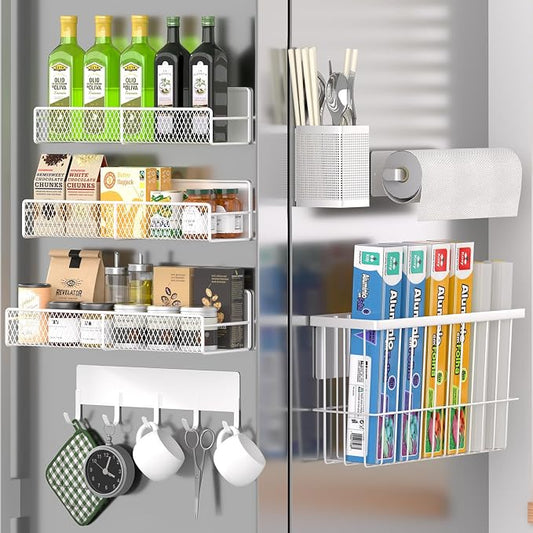 Magnetic Spice Rack for Refrigerator, 7 Pack 100% Metal Strong Magnet Shelf, Spice Organizer W/ Paper Towel Holder, Hook Rack, Utensil Caddy & Cutting Board Holder, Home Kitchen Organization (White)