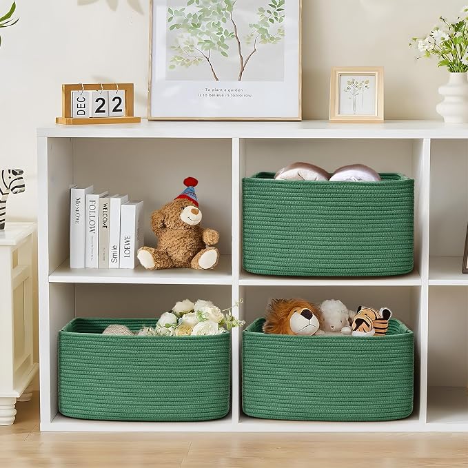 2 Pack Large Storage Basket for Organizing, 17.5"x13"x7" Woven Basket for Shelves, Closet Cube Storage Bins with Wrapped Handle, Cotton Rope Baskets for Kitchen, Clothes, Toys(Green)