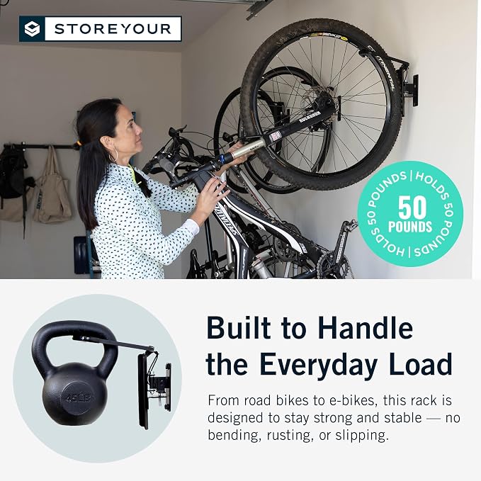 StoreYourBoard Swivel Bike Wall Mount, Vertical Rack for Garage, 4 Pack | Swivel Bike Rack, Rubber Coated Hook, Multiple Position Lock, Holds 50 lb, Fits All Tires Up To 2.6 in