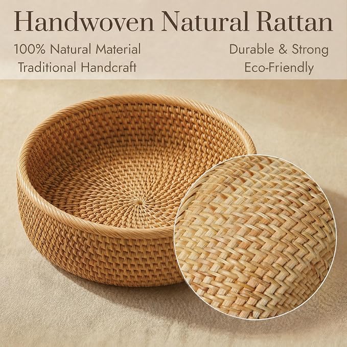 YANGQIHOME Fruit Basket, Wicker Basket Rattan Fruit Bowls, Round Bread Baskets, Handwoven Storage Basket, Natural Serving Bowls Kitchen Counter Dining Room Snack Vegetable 7.9”, 9”, 10.2” (Set of 3)