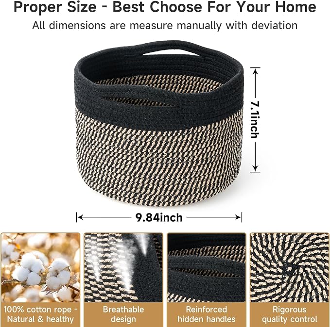 3 Pack Small Rope Storage Baskets, 9.82×9.82×7.1", Brown+Black | Cotton Basket for Gifts Empty, Cute Round Woven Basket, Decorative Shelf Basket Organizer, Organizing Basket for Shelves