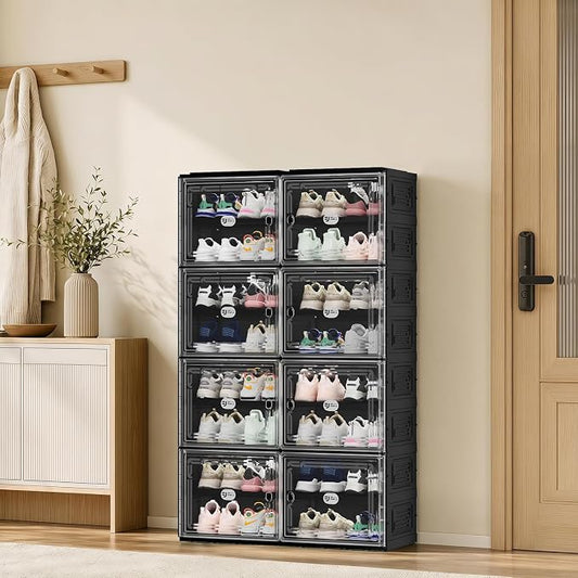 Foldable Shoe Cabinet with Magnetic Clear Doors, Wide Design Shoe Rack for Entryway, Portable Shoe Organizer Meeting Diverse Storage Needs (Black, 2Row 8Tier)