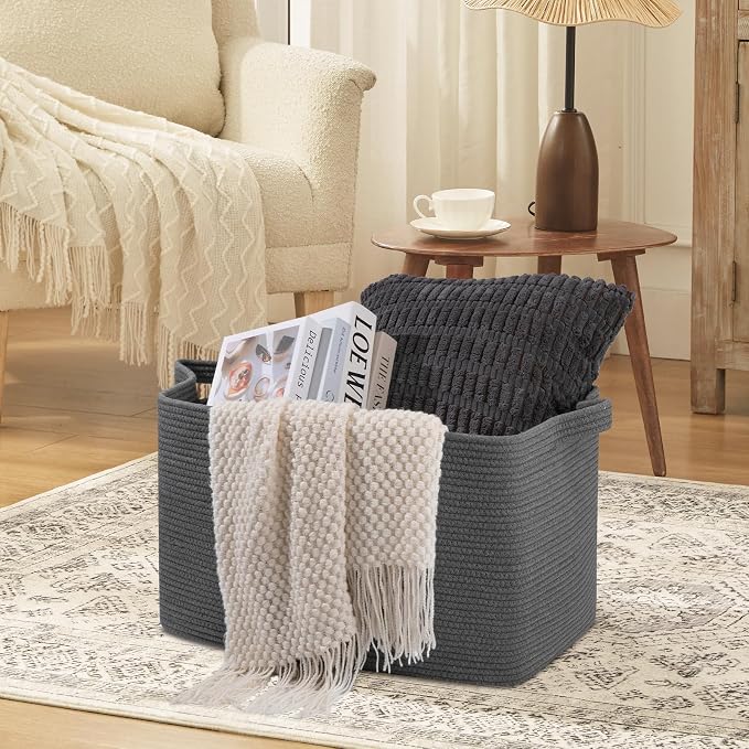 OIASKET 95L Large Blanket Basket, Blanket Storage Living Room, Rectangle Woven Baskets for Storage Toys, Towels, Dirty Clothes Organizer Bins (Dark Grey)
