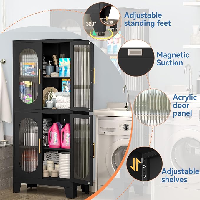 GAIOUS Black Kitchen Pantry Cabinet, Pantry Storage Cabinet with Acrylic Glass Doors and Adjustable Shelves, Tall Versatile Storage for Kitchen, Dining Room, Home Office and Bedroom