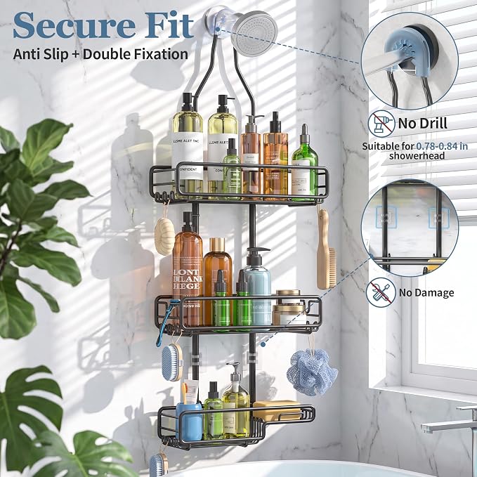 Skyapex Shower Caddy Hanging Bathroom Organizer: Over Head Adjustable Rack for Tall Showerhead - Extra Large Storage Shelf for Big Shampoo Bottles with Soap Holder