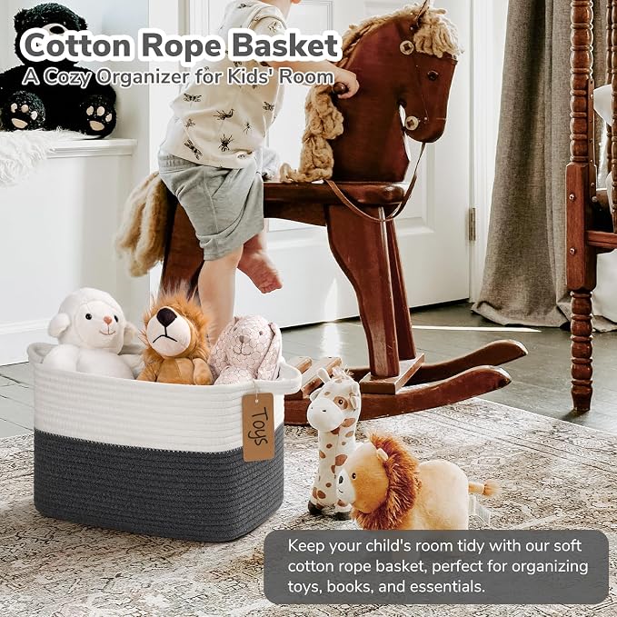 Goodpick Small Cotton Rope Baskets for Organizing, Dark Gray | 13 × 10 × 9 in, Rectangle, Reinforced Handles, Shelf & Nursery Organization, Baby Toys, Books & Towels Storage