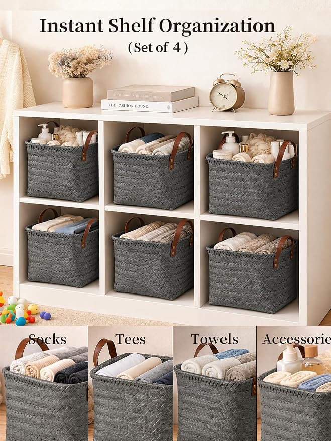 Wicker Storage Baskets, 4 Pack Woven Baskets for Shelves, Grey | PP Rattan, Water-resistant Wicker Basket, Large Baskets with Faux Leather Handles for Blanket, Laundry Organizer, Room Decor