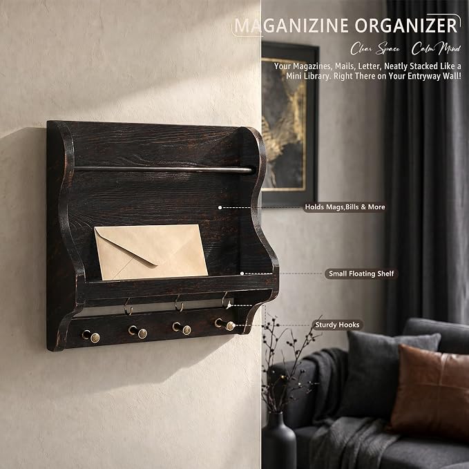 Mail Organizer Wall Mount: Magazine Holder for Room Decor, Distressed Black | Pine Wood, Anti-drop wood strip, Envelope Slot for Letter, Key Hooks, Farmhouse Wall Mail Organizer, Home Decor Accent