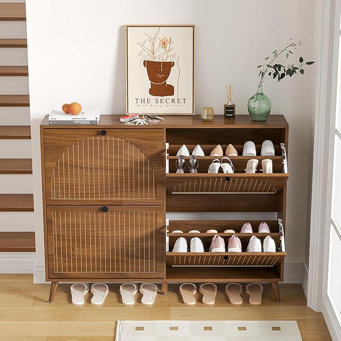 Fsbecl Shoe Storage Cabinet for Entryway with 4 Fluted Flip Drawers, Walnut | Narrow Design, Freestanding Shoe Rack with Adjustment Shelves, Wooden Hidden Organizer for Hallway Foyer, 16-24 Pairs