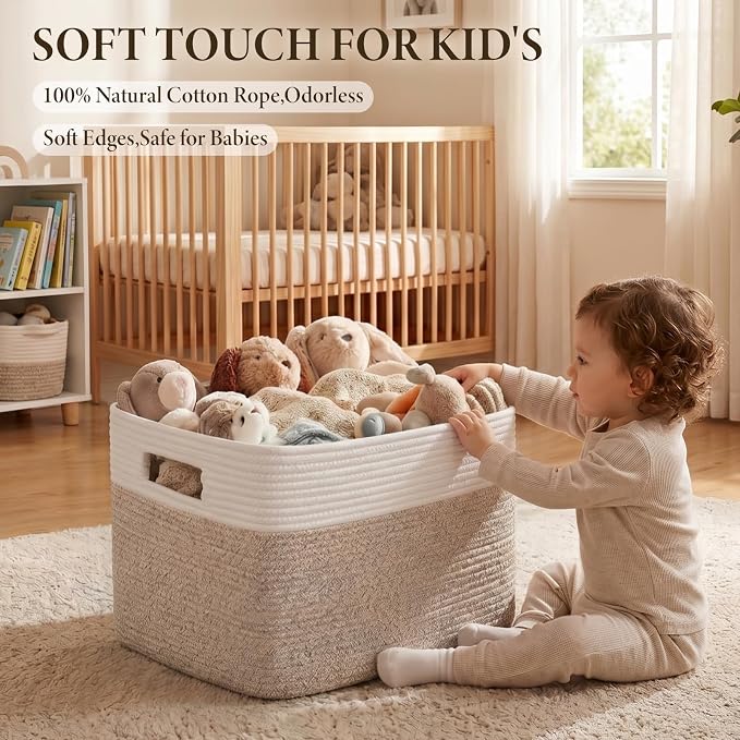 Blanket Basket, Cotton Rope Woven Storage Basket for Living Room, Toy Bin for Kids, Nursery, Baby Room Decorative Organizer, 18''×14''×12'', Brown & White